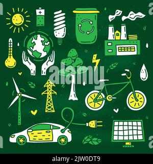 Set of doodle colored ecology and environment icons isolated on green background. Stock Vector