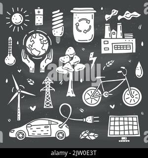 Set of doodle white ecology and environment icons isolated on the blackboard. Stock Vector