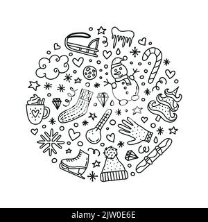 Cute doodle outline winter icons composed in circle shape. Stock Vector