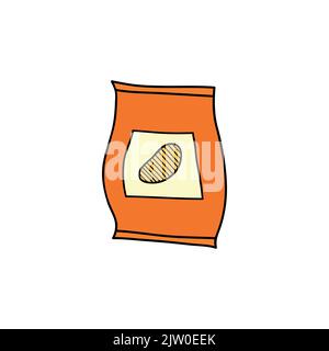 Hand drawn colored potato chips in pack isolated on white background. Stock Vector
