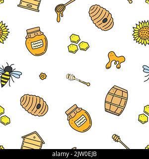 Seamless pattern with cute colored honey doodles. Stock Vector