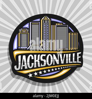 Vector logo for Jacksonville, decorative label with illustration of famous jacksonville city scape on dusk sky background, art design refrigerator mag Stock Vector