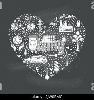 Doodle white ecology and environment icons composed in heart shape on the blackboard. Stock Vector