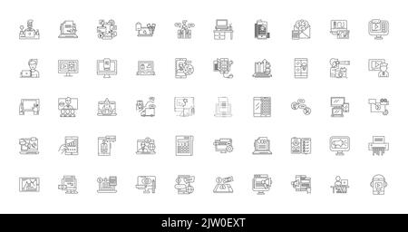 Business software concept illustration, linear icons, line signs set, vector collection Stock Vector