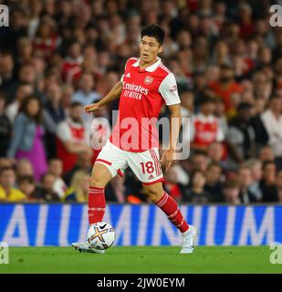 31 Aug 2022 - Arsenal v Aston Villa - Premier League - Emirates Stadium  Arsenal's Takehiro Tomiyasu during the match at the Emirates Stadium. Picture : Mark Pain / Alamy Live News Stock Photo
