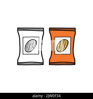Hand drawn outline and colored potato chips in pack isolated on white background. Stock Vector