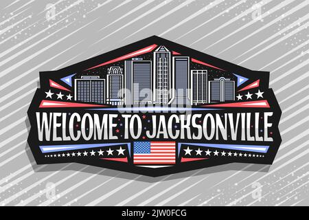 Vector logo for Jacksonville, black decorative tag with line illustration of famous jacksonville city scape on dusk sky background, art design refrige Stock Vector