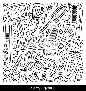 Set of barber shop doodle outline icons with lines, symbols around isolated on white background. Stock Vector