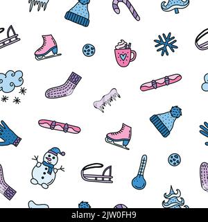 Seamless pattern with cute doodle colored winter icons in blue and pink colors. Stock Vector