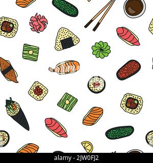 Seamless pattern with colored doodle sushi and rolls. Stock Vector