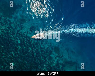 Aerial top down view of a rib motorboat Stock Photo