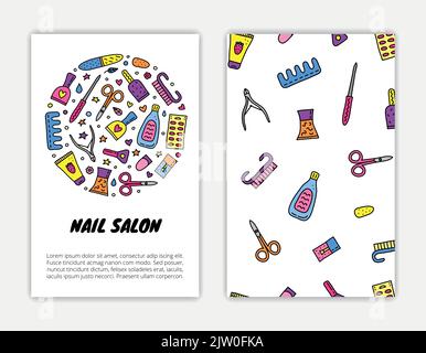 Card templates with doodle colored nail salon icons. Used clipping mask. Stock Vector