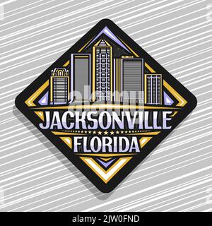 Vector logo for Jacksonville, black rhombus road sign with line illustration of urban jacksonville city scape on dusk sky background, decorative refri Stock Vector