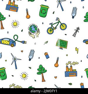 Seamless pattern with doodle colored ecology and environment icons. Stock Vector