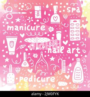 Poster with cute doodle nail salon icons on pink watercolor background. Stock Vector