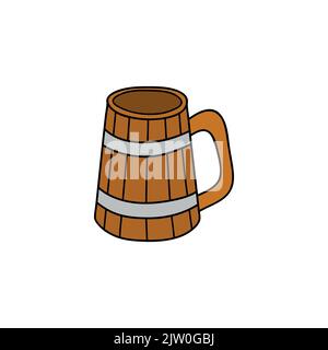Hand drawn colored wooden mug for beer isolated on white background. Stock Vector