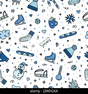 Seamless pattern with cute doodle colored winter icons in blue colors. Stock Vector