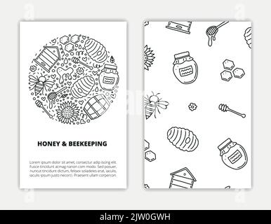 Card templates with outline honey doodles. Used clipping mask. Stock Vector