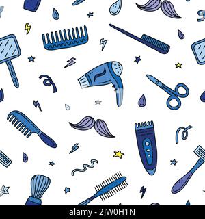 Seamless pattern with doodle colored barber shop icons. Stock Vector