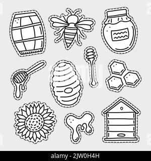 Set of uncolored honey stickers or patches isolated on grey background. Stock Vector