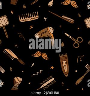 Seamless pattern with doodle colored barber shop icons. Stock Vector