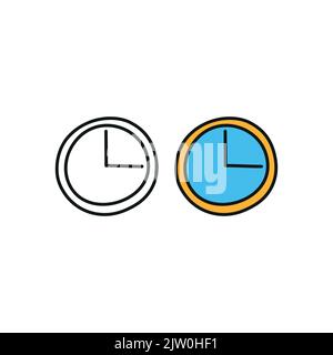 Doodle outline and colored round clock icon isolated on white background. Stock Vector