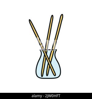 Doodle colored aroma sticks in bottle isolated on white background. Stock Vector