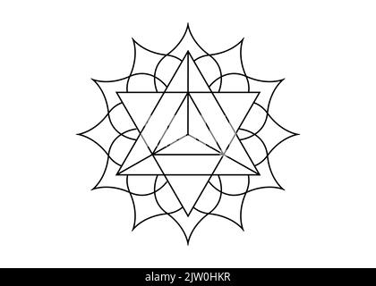 Sacred geometry, mystical symbol of the Merkabah, lotus flower in black tattoo line art, magic logo geometric mandala design, vector isolated on white Stock Vector