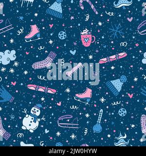 Seamless pattern with cute doodle colored winter icons. Stock Vector