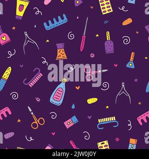 Seamless pattern with doodle colored nail salon icons. Stock Vector