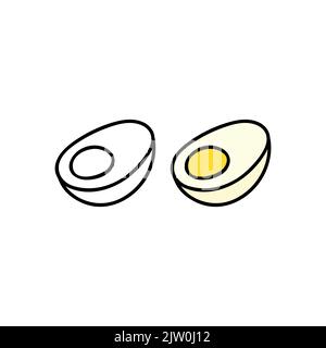 Hand drawn outline and colored cut in half boiled egg isolated on white background. Stock Vector