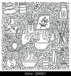 Doodle outline alternative medicine and ayurveda icons with lines, symbols around isolated on white background. Stock Vector