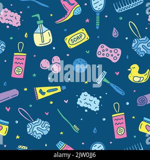 Colorful seamless pattern with doodle bathroom and hygiene icons. Stock Vector