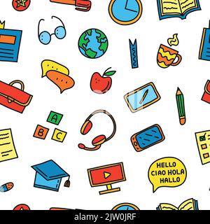 Seamless pattern with doodle colored language courses icons. Stock Vector