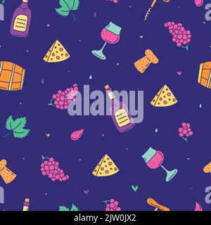 Colorful seamless pattern with doodle wine icons. Stock Vector