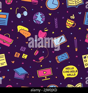 Colorful seamless pattern with doodle language courses icons. Stock Vector