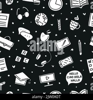Black and white seamless pattern with doodle language courses icons. Stock Vector