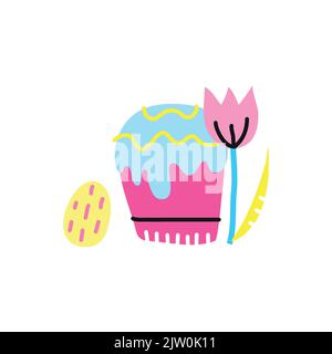 Abstract colorful doodle tulip, kulich and egg isolated on white background. Stock Vector