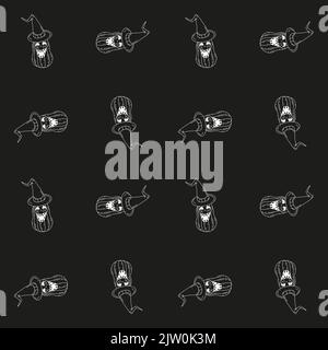 Halloween seamless pattern with line art cartoon smiling pumkins on black background Stock Vector