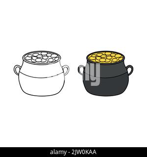 Doodle outline and colored pot with gold coins isolated on white background. Stock Vector