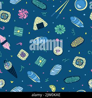 Colorful seamless pattern with doodle sushi and rolls. Stock Vector