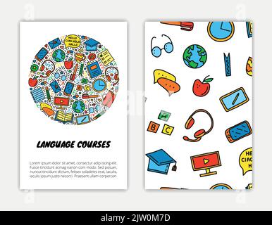 Poster with doodle colored language courses icons, symbols around Stock ...