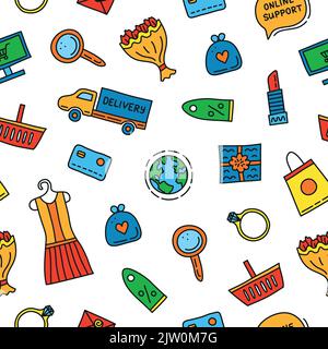 Seamless pattern with colored e-commerce shopping doodles. Stock Vector