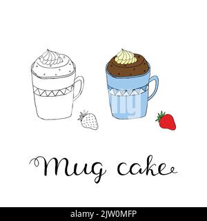 Hand drawn outline and colored mug cake and strawberry isolated on white background. Stock Vector