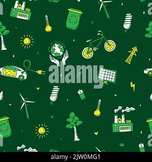 Seamless pattern with doodle colored ecology and environment icons. Stock Vector
