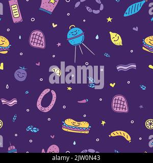 Colorful seamless pattern with doodle barbecue, picnic icons. Stock Vector