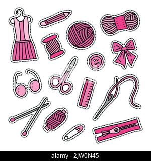 Set of hand made doodle stickers or patches in pink colors isolated on white background. Stock Vector