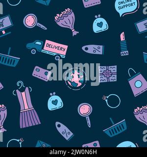 Seamless pattern with colored e-commerce shopping doodles. Stock Vector