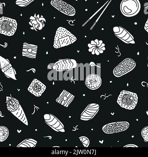 Black and white seamless pattern with doodle sushi and rolls. Stock Vector
