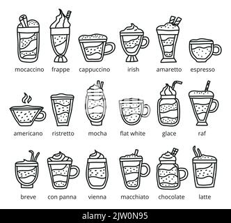 Different doodle types of coffee drinks with names isolated on white background. Stock Vector